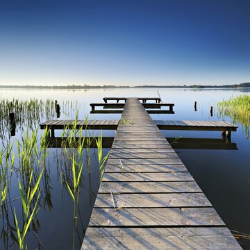 Morning atmosphere at the Schaalsee, symmetrical footbridge in the reeds in the first light, Zarrentin, Mecklenburg-Vorpommern, Germany