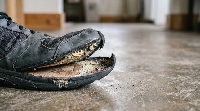 Worn out black sneaker with detached sole on concrete floor representing poverty and damaged footwear. Ideal for social issues economic hardship or athletic wear durability concepts.