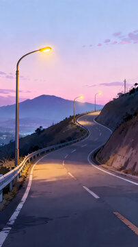 Winding Mountain Road with Illuminated Streetlights at Dusk, Stylized Anime Illustration of Scenic Highway in Purple Twilight, Concept of Journey, Solitude and Freedom, 4k