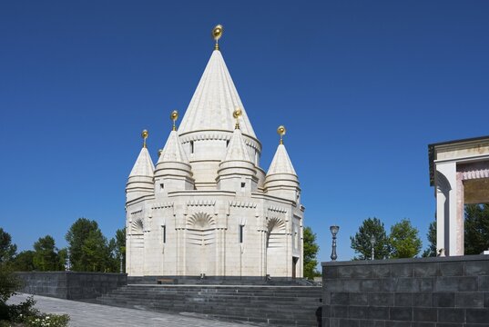 White temple with towers and domes under a clear blue sky, Yazidi temple, Yazidi temple, the largest Yazidi temple in the world is called Quba Mere Diwane, Aknalich, Aknalich, Armavir district, Armenia