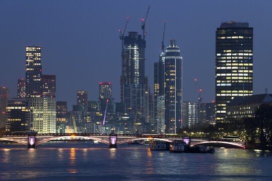 View of the London skyline from Westminster Bridge, blue hour, England, United Kingdom