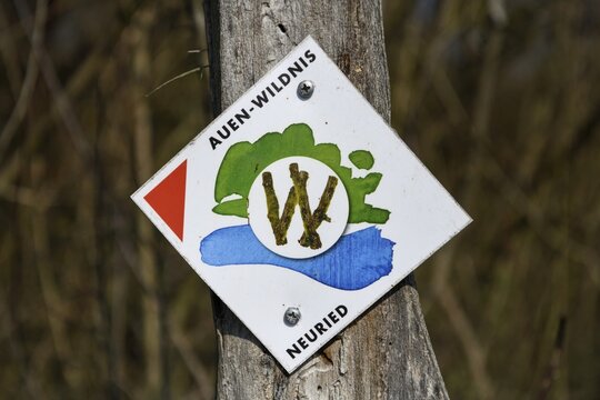 Sign at the Auen Wilderness Trail, near Neuried, Ortenaukreis, Black Forest, Baden-W&uuml;rttemberg, Germany