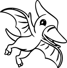 Dinosaur Pterodactyl Cute Dino Prehistoric Reptile Animal Line Art Cartoon Jurassic Wildlife Drawing Handdrawn Doodle Kids Children Education © Haps