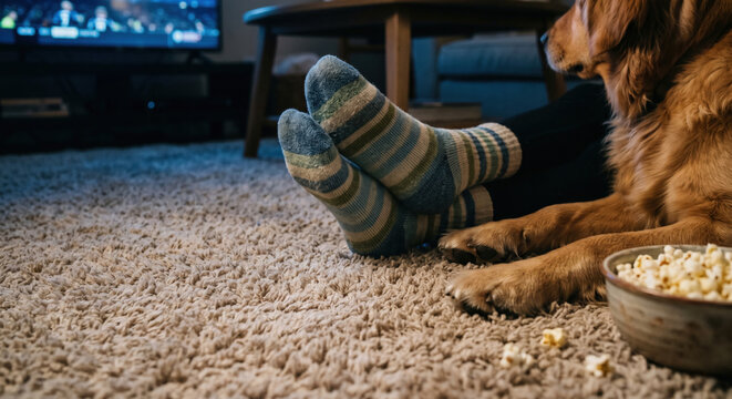 Low-angle view of a person's feet in athletic socks resting next to a dog's paws on a living room rug under TV light.