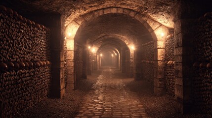 Obraz premium Ancient ossuary passage: rows of skulls and bone shelves in a damp crypt
