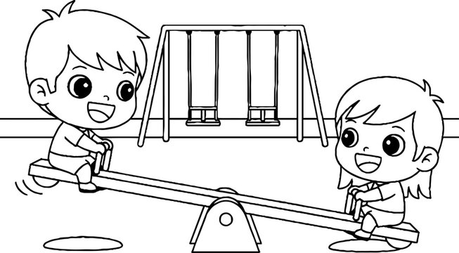 Happy children playing together on a teeter totter outdoors.