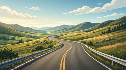 Fototapeta premium Curving road with metal guardrails through rolling green valleys
