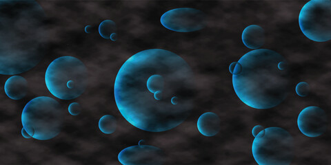Abstract dark background with glowing blue bubbles and floating spheres over a smoky, cloudy texture. Futuristic cosmic or underwater deep sea concept graphic design. © Uddin