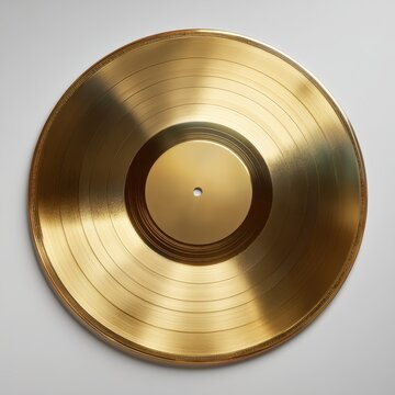 Close-up shot of a reflective gold vinyl record with subtle shadows on white