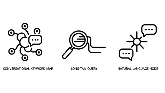 Search engine optimization and voice search technology icons set showing keyword mapping and natural language processing concepts with optimization keywords technology language processing