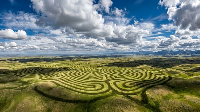 Aerial landscape of green rolling hills with geometric crop circles, vast grassy meadow under dramatic cloudy sky, scenic nature environment