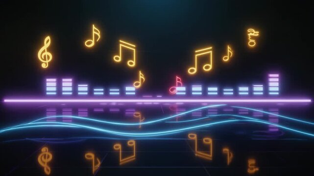 neon glowing treble clef symbol and musical notes and staff lines