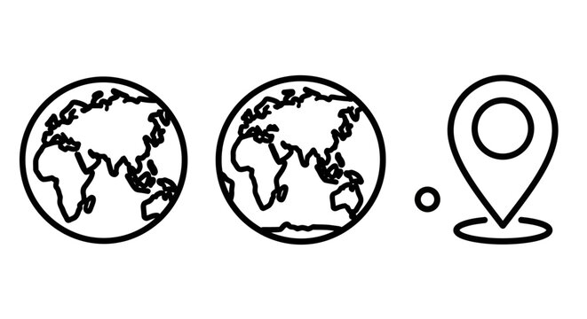 Global location icons set representing world maps and pin marker with location navigation geography position destination international traveling cartography connection tracking direction