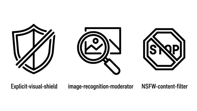 Set of internet safety and content moderation icons representing explicit visual shield image recognition moderator nsfw content filter protection moderation protection security internet