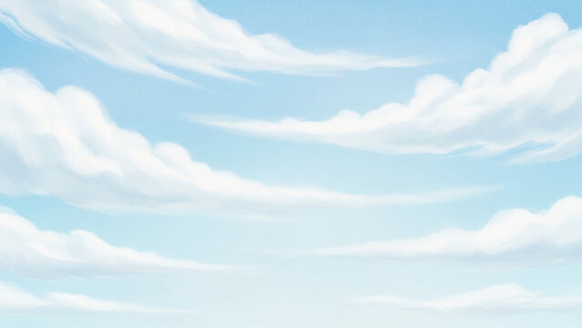 Painted blue sky background, with soft white, fluffy clouds, digital, of a bright, daytime atmosphere with, layered cumulus cloud formations