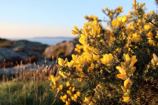 Close-up of thorny gorse shrub with bright yellow blossoms in moorland
