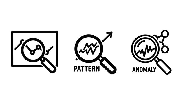 Set of data analysis and pattern recognition icons featuring magnifying glass on charts and anomaly detection symbols analysis magnifying business statistics research investigation detection