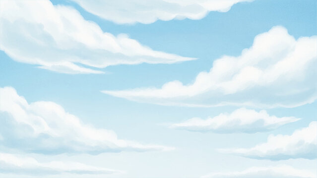 Digital of fluffy white cumulus clouds drifting across a clear, light blue sky, featuring soft rounded shapes and smooth gradients in a stylized, painterly aesthetic
