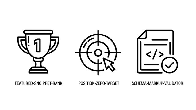 Search engine optimization and website performance icons including featured snippet rank target and schema markup with featured optimization performance document internet marketing algorithm