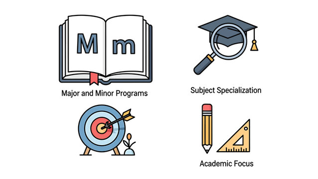 Set of education and academic study icons illustrating major minor programs subject specialization and academic focus with education academic university learning specialization knowledge
