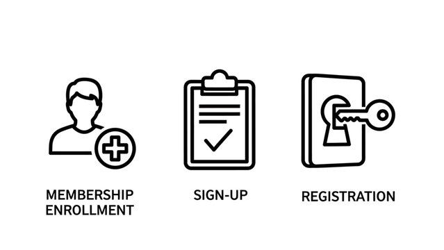 Set of account management and user access icons representing membership enrollment sign-up and registration process with membership registration enrollment security customer clipboard checkmark