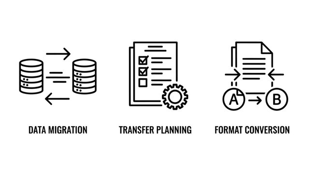 Data migration and technical file management icons for digital storage and information formatting with migration transfer planning conversion database document information technology business