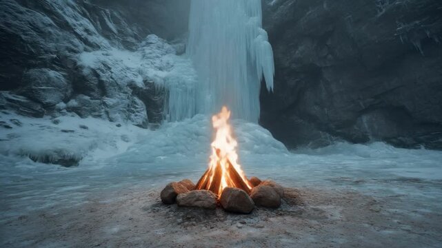 Small campfire burning with bright orange flame surrounded by stones in icy winter cave with frozen waterfall and snow covered rocky walls in background