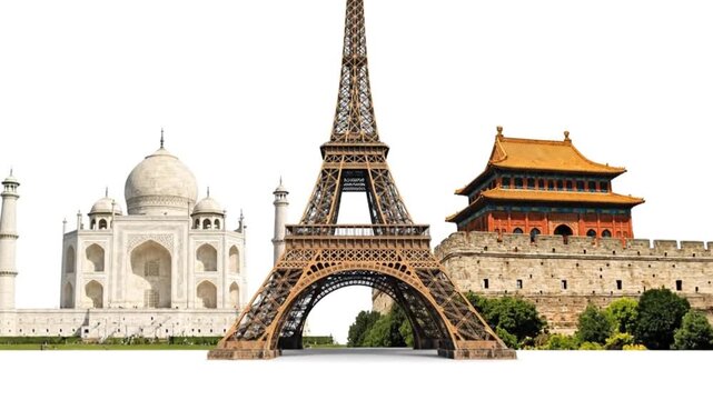 Famous world landmarks collage featuring Eiffel Tower Taj Mahal and Great Wall of China isolated on white background