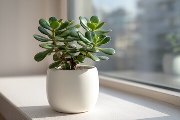 Fototapeta premium Close-Up of Jade Plant in White Pot Under Soft Natural Light