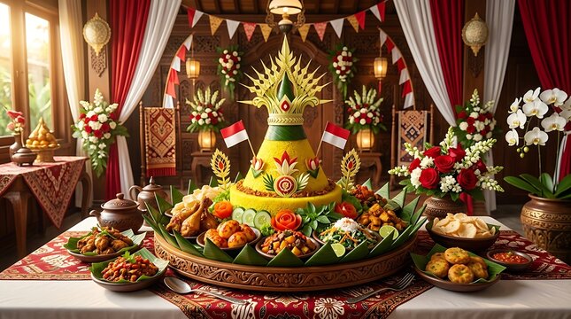Traditional Indonesian Tumpeng rice cone served with various side dishes for celebration.