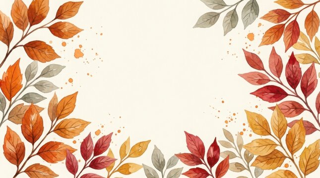 Watercolor autumn leaves frame with warm seasonal forest foliage design