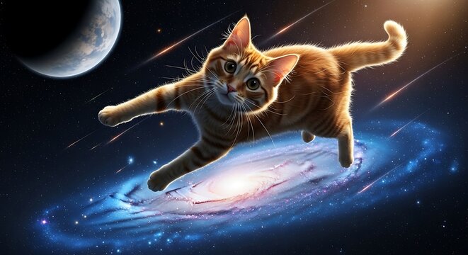 Ginger kitten jumping through outer space above a spiral galaxy