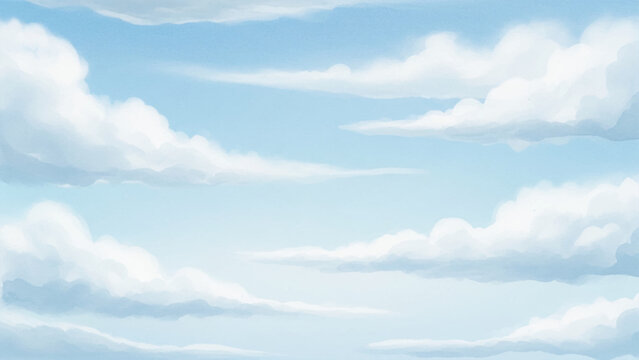 Digital painting of fluffy white cumulus clouds drifting across a clear, light blue sky, soft atmospheric texture with layered cloud formations in a horizontal composition