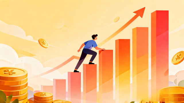 Businessman Climbing Rising Bar Graph Chart Toward Success, Vector Illustration of Financial Growth, Wealth Accumulation and Investment Return, 4k