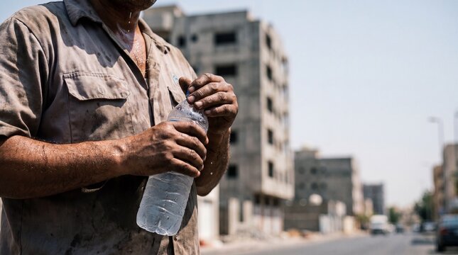 Close-up of a sweating laborer holding a plastic bottle of cold water on a hot summer day. Exhausted construction worker opening a water bottle on a city street background