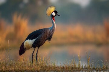 Fototapeta premium Elegant Black Crowned Crane with gold crown and white cheeks in a calm marsh