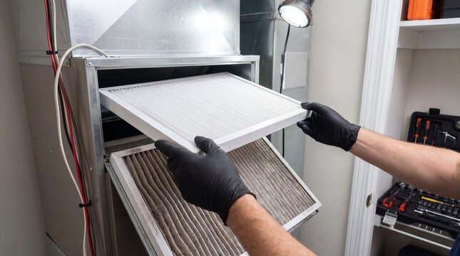 Close-up of a technician in black gloves replacing a dirty old furnace filter with a clean new one in a home heating and cooling system.