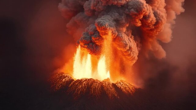 Majestic erupting volcano with glowing lava and thick smoke plume lighting up dark sky during intense volcanic explosion at night