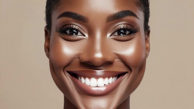 closeup face of african american woman with cosmetics, acne care and pimple treatment on beige studio background. Portrait, person and model, beauty and grooming routine with glow