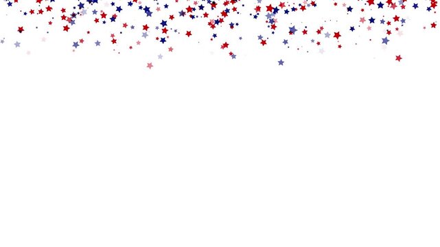 White background with falling red and blue stars confetti for 4th of July