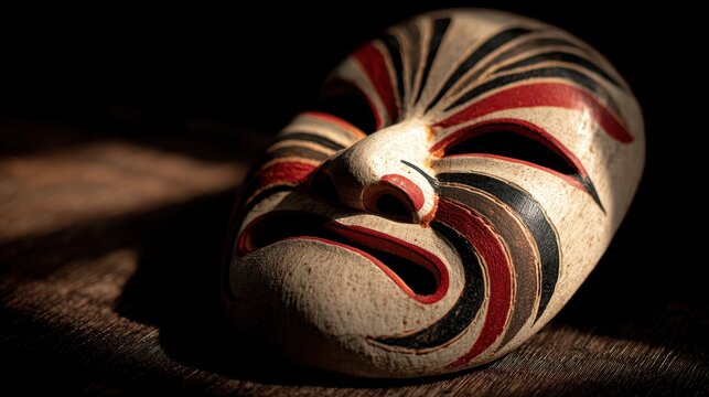 Close-up photograph of a traditional Japanese Kabuki mask with bold red and black makeup