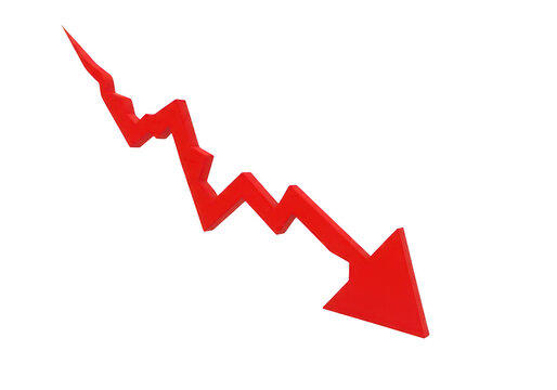 Red line graph arrow pointing downwards representing financial loss or negative business trends in a simple 3d for data analysis isolated on a transparent background