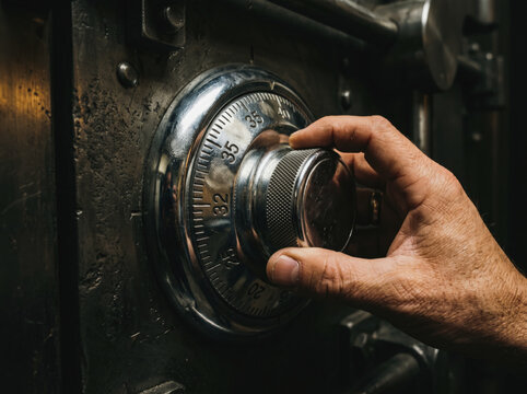 close-up of a hand carefully turning a chrome combination lock dial on a heavy, weathered steel safe door, symbolizing security, unlocking wealth, and cracking codes