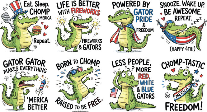 Funny Patriotic Alligator Fourth of July Cartoon Collection with Gator Pride Cape Hammock Sunglasses Fireworks Flag and Freedom Designs