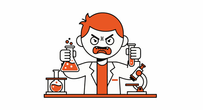Frustrated cartoon scientist conducting lab experiments angrily.
