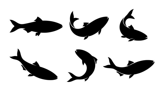 different black herring silhouettes on a clean white background, minimalist vector style.