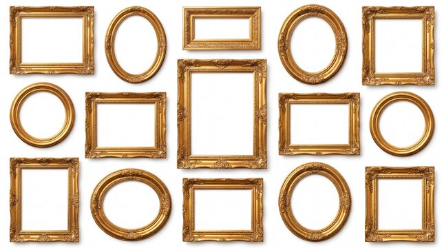 Set of vintage golden picture frames isolated on white background. Blank antique gold frames collection for photos, paintings, or mirrors. 3D rendering.
