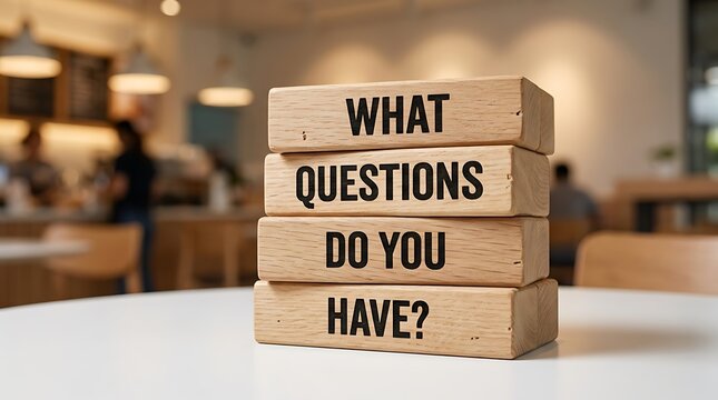 Wooden blocks stacked with text What questions do you have?