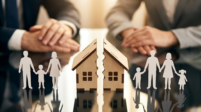 Family divorce concept with split house and paper figures