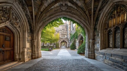 Obraz premium Gothic arches and ivy on a historic university courtyard